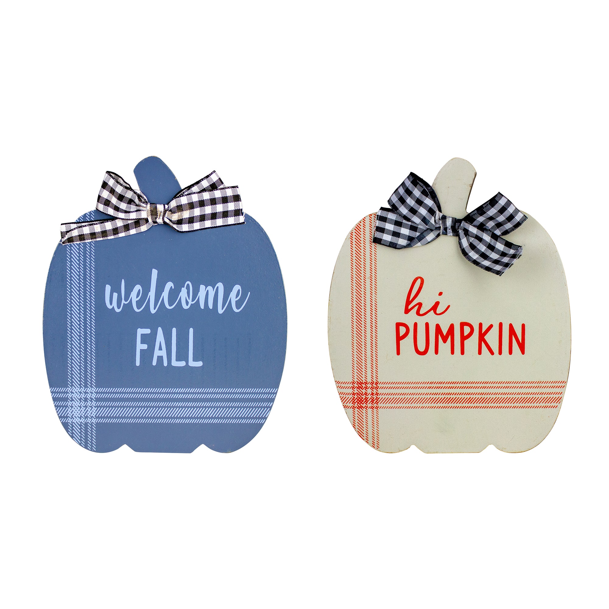 8" Blue & Beige Fall Harvest Wooden Pumpkin Welcome Plaque Set